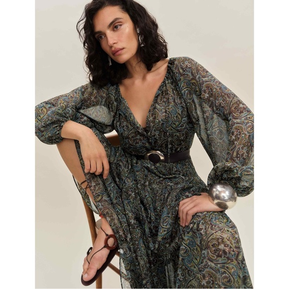 NWT Reformation Becca Dress - Brown Green Paisley Maxi Dress w/ Slip Liner sz S - Picture 14 of 16